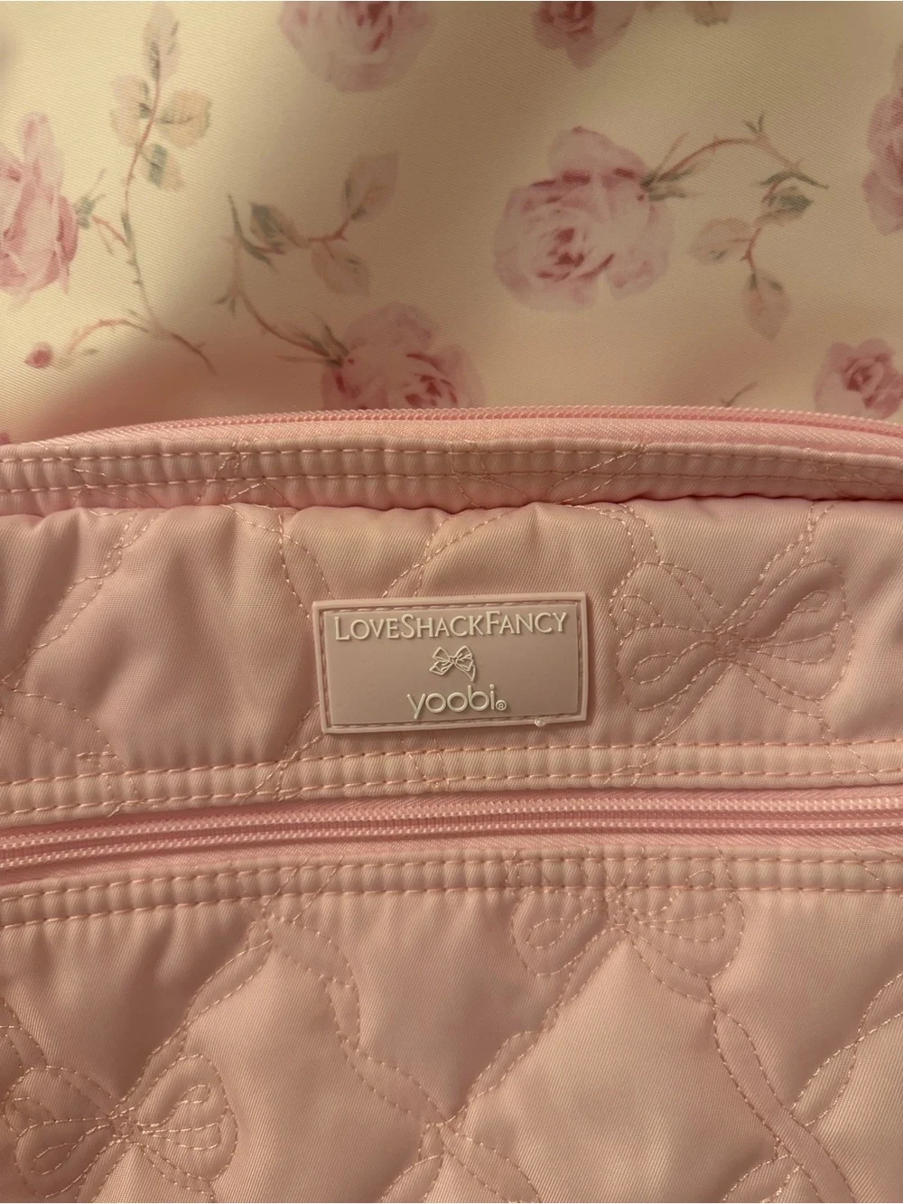 LoveShackFancy Pink Floral Quilted Kids Backpack with Bow Charm